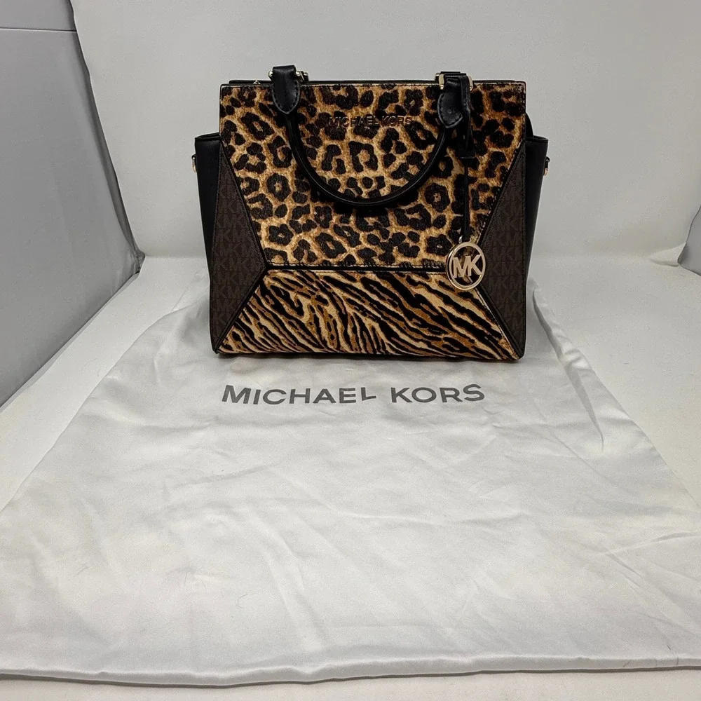 Michael Kors Hope Satchel Bag Brown Leopard Tiger Haircalf Leather Mob Wife